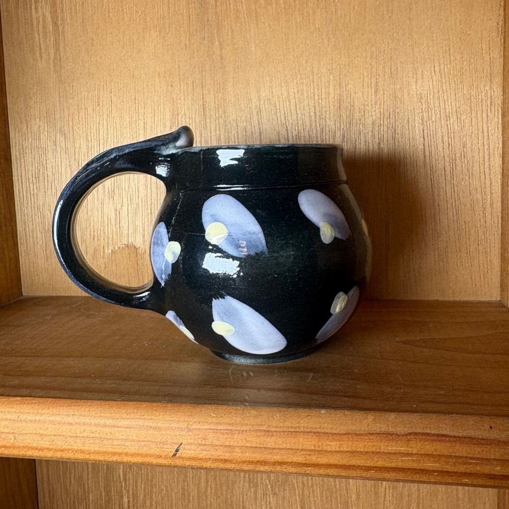 Studio Pottery Hand Painted Mini Mug Black Lavender Floral Espresso Cup 3 inch
